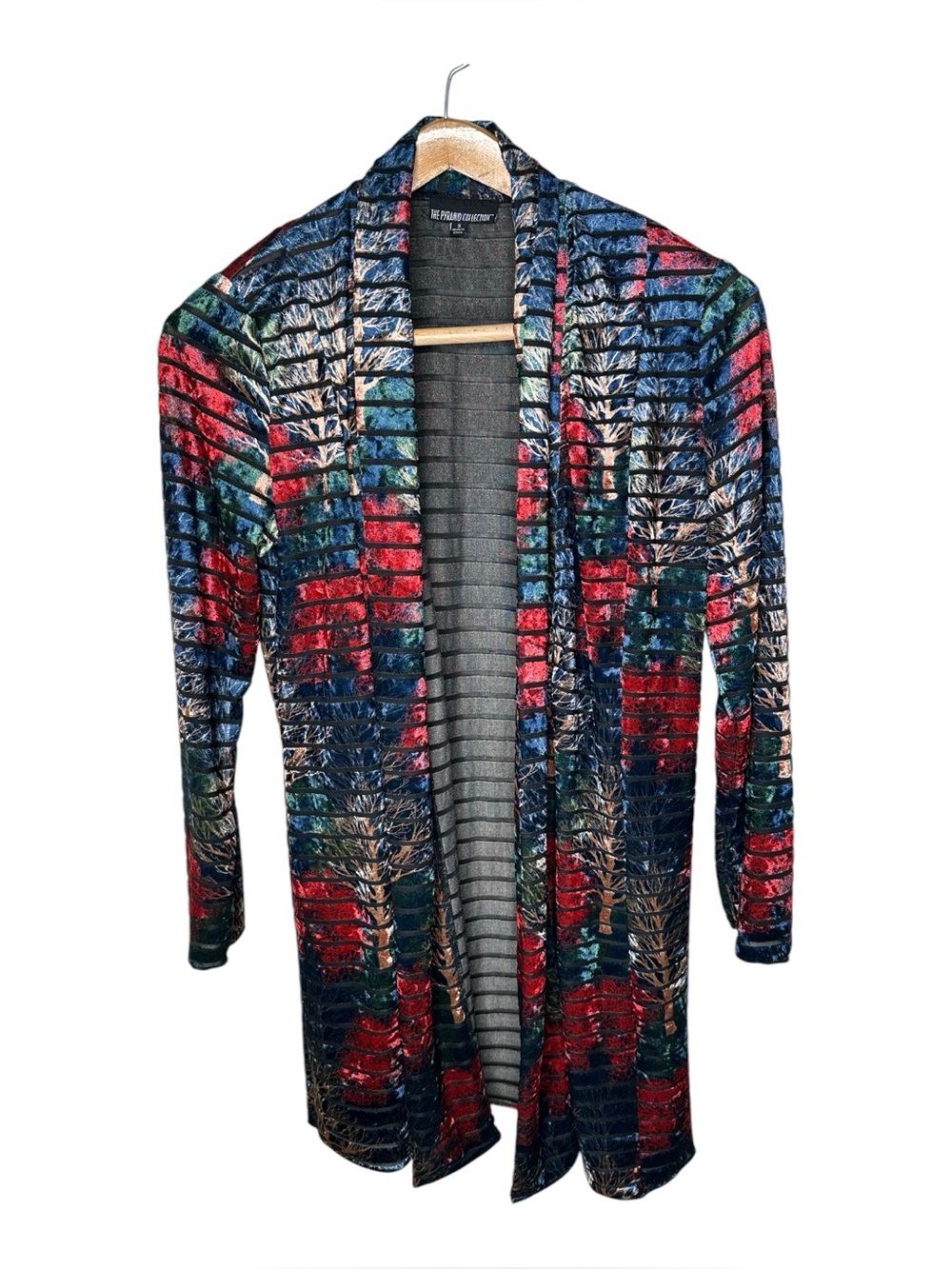 The Pyramid Collection Longline Velvet Burnout Cardigan Size Small Tree Print